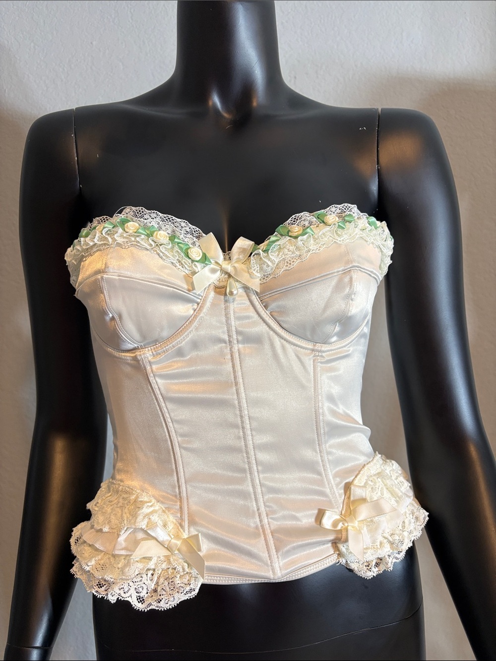 Sugar Thrillz Ivory Satin Lace Bustier with Green Ribbon Accents